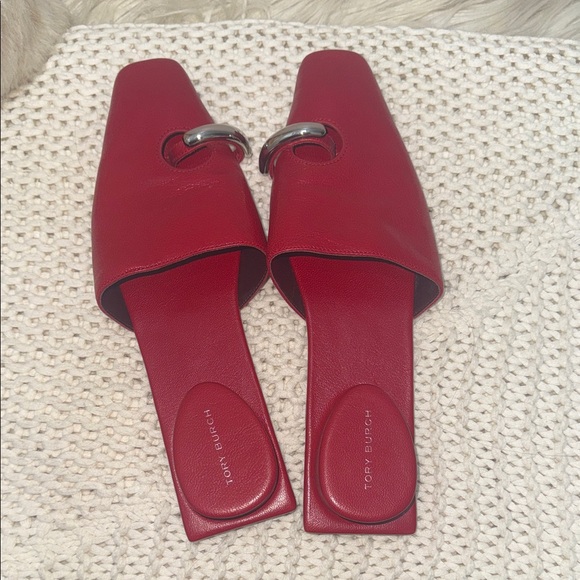 Tory Burch Red Leather Mules with Silver Accent - Picture 5 of 6
